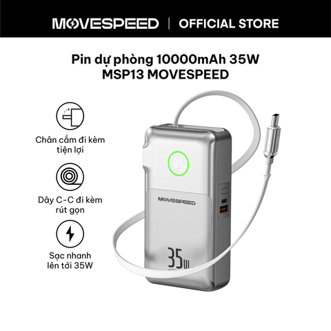 Sạc pin dự phòng kiêm củ sạc tường (Chân cắm gập) MoveSpeed 10000mAh 35W kèm dây rút MSP13