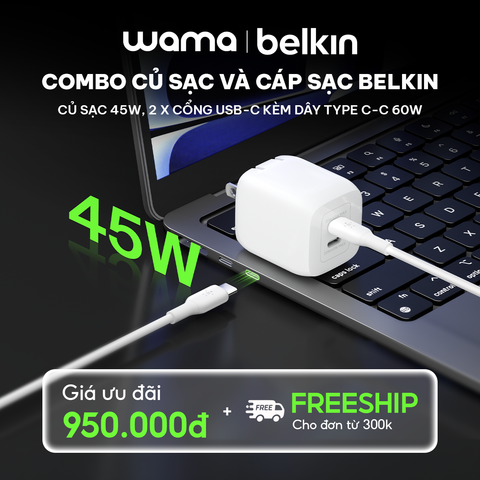 Combo Củ sạc 45W, 2 x cổng USB-C kèm dây Type C-C 60W, Belkin