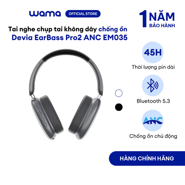 Tai nghe chụp tai không dây chống ôn Devia EM305 EarBass Pro2 ANC, pin lâu 45H, bluetooth 5.3