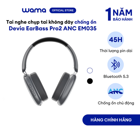 Tai nghe chụp tai không dây chống ôn Devia EM305 EarBass Pro2 ANC, pin lâu 45H, bluetooth 5.3