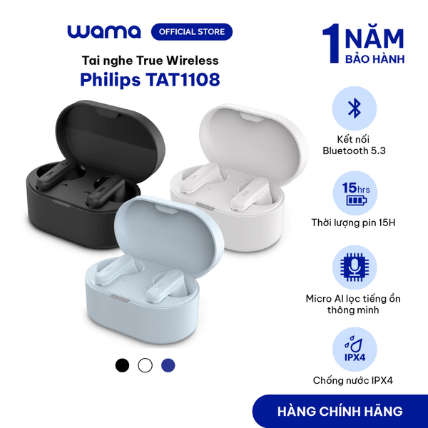 Tai nghe True Wireless Philips TAT1108, Bluetooth 5.3, Micro AI, Bass mạnh, Pin 15 giờ