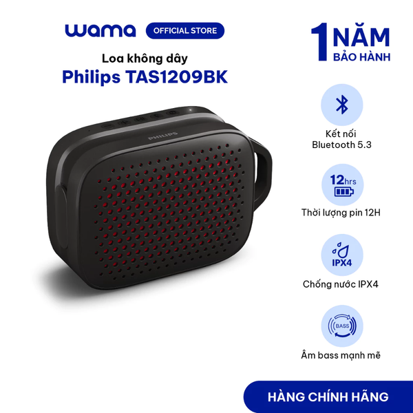 Loa không dây Philips TAS1209BK, Bluetooth 5.3, chống nước iPX4, thời gian nghe 12 giờ