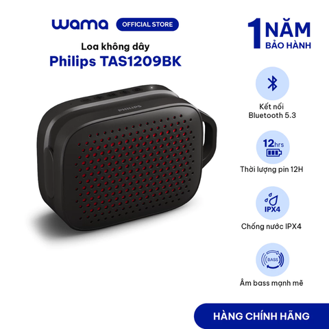 Loa không dây Philips TAS1209BK, Bluetooth 5.3, chống nước iPX4, thời gian nghe 12 giờ
