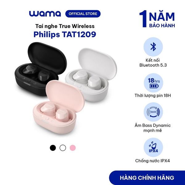 Tai nghe bluetooth không dây TWS Philips TAT1209, Bluetooth 5.3, Bass mạnh, Pin 18 giờ nhỏ gọn