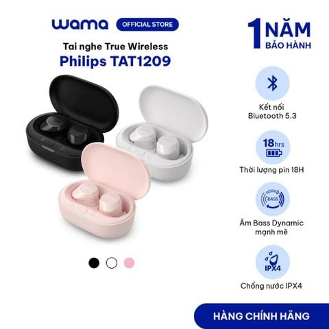 Tai nghe bluetooth không dây TWS Philips TAT1209, Bluetooth 5.3, Bass mạnh, Pin 18 giờ nhỏ gọn