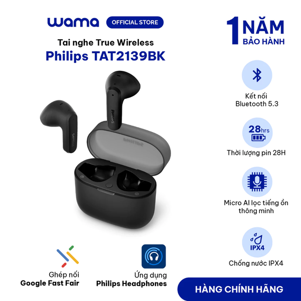 Tai nghe True Wireless Philips TAT2139BK, Bluetooth 5.3, Micro AI, Pin 28 giờ, App tùy chỉnh