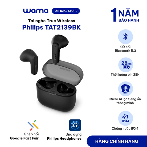 Tai nghe True Wireless Philips TAT2139BK, Bluetooth 5.3, Micro AI, Pin 28 giờ, App tùy chỉnh
