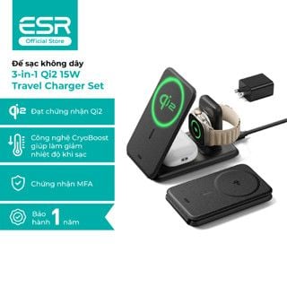 Đế sạc không dây ESR 3-in-1 Qi2 15W Travel Charger Set - 2C569A màu đen