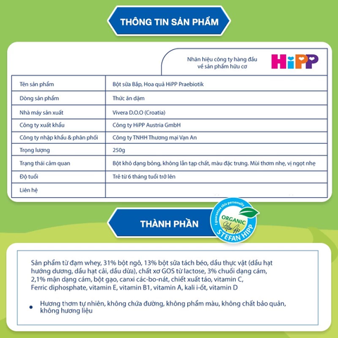 Bột ăn dặm dinh dưỡng Sữa, Hoa quả, Bắp HiPP 250g