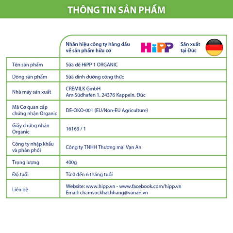 Sữa dê HiPP 1 Organic 400g - Giúp bé phát triển chiều cao, trí não, tăng cường hấp thu