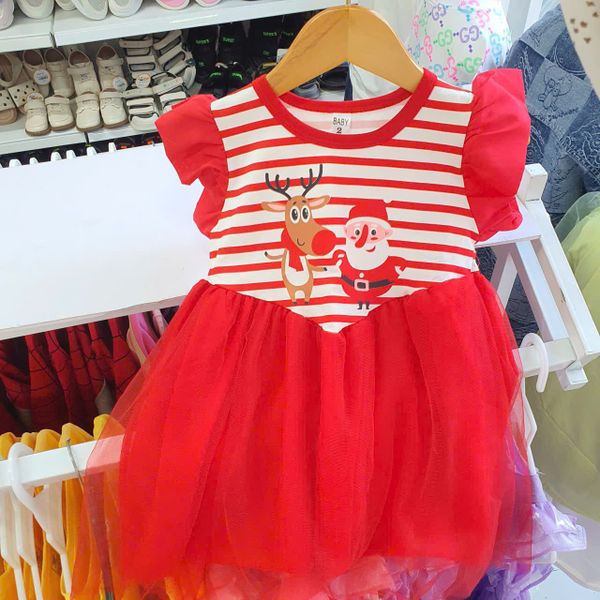  D46 _ Đầm Noel, Váy Noel giáng sinh tay bèo họa tiết ông già Tuyết và tuần lộc dễ thương _Beekids 