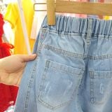  Q55 _ Quần jean dài ống suông bé gái lưng thun chất jean cotton mềm mại thoáng mát _ Beekids 