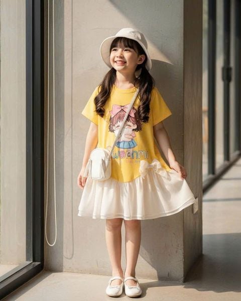  D61 _ Đầm thun bé gái lai phối voan đính 2 nơ xinh xắn _ Beekids 