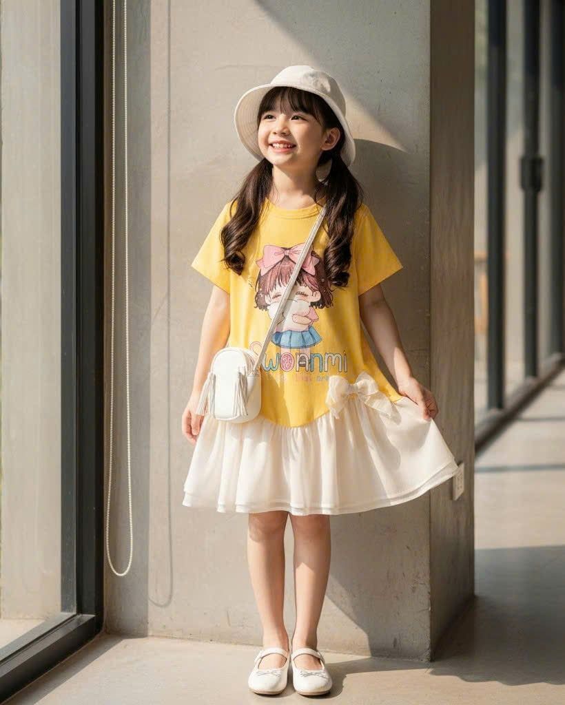  D61 _ Đầm thun bé gái lai phối voan đính 2 nơ xinh xắn _ Beekids 