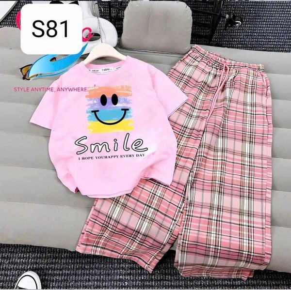  S81 _ Set bé gái quần dài caro ống suông phối áo thun hoạ tiết xinh xắn đáng yêu _ Beekids 