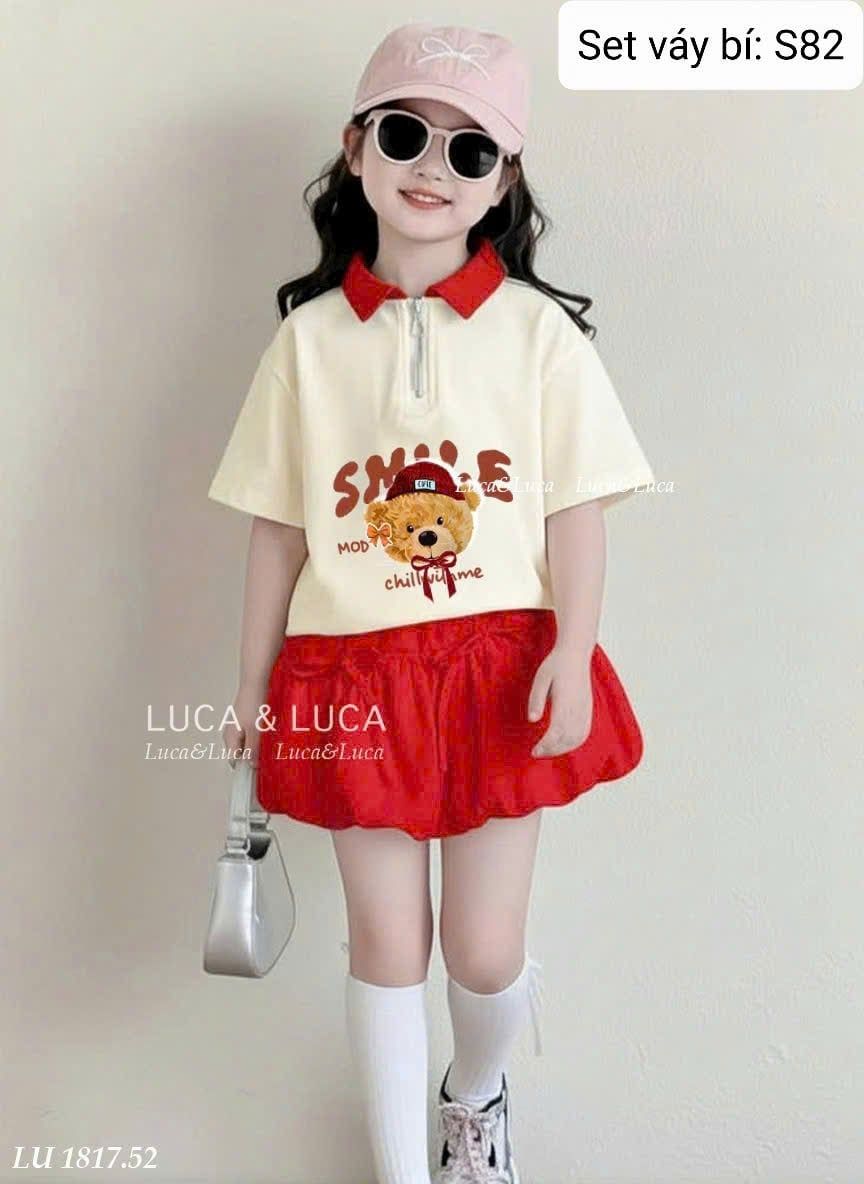  S82 _ Set áo cổ polo họa tiết gấu phối chân váy bí xinh xắn đáng yêu _ Beekids 