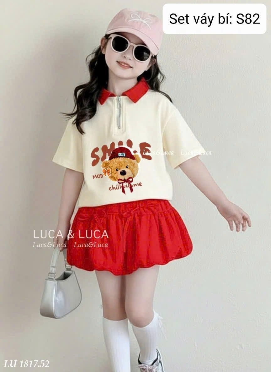  S82 _ Set áo cổ polo họa tiết gấu phối chân váy bí xinh xắn đáng yêu _ Beekids 