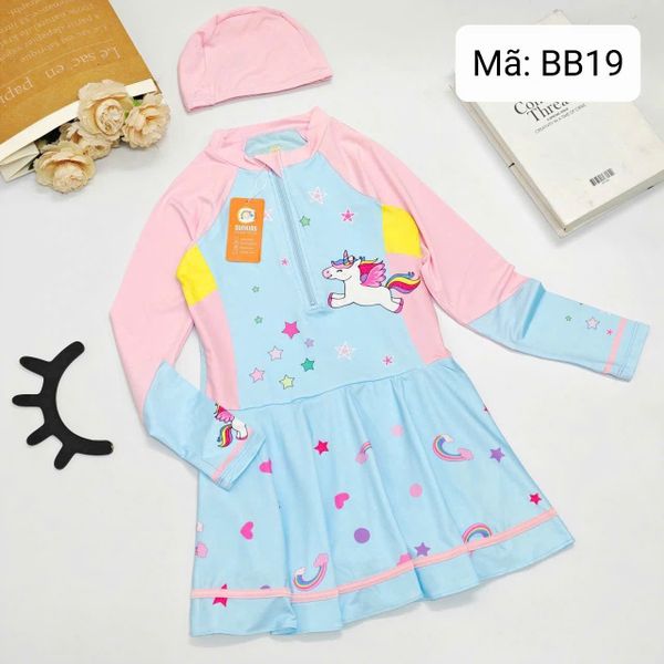  BB19 _ Đồ bơi liền thân tay dài cho bé gái dáng váy họa tiết hoạt hình dễ thương _ Beekids 
