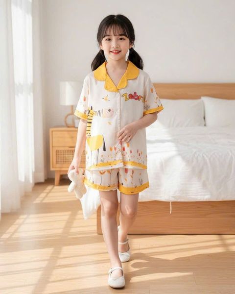  DB60 _ Bộ pijama đùi cho bé gái chất lụa latin mềm mịn hoạ tiết hươu cao cổ dễ thương _ Beekids 