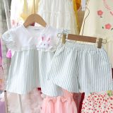 S97 _ Set bộ đùi kẻ sọc cho bé áo tay cánh tiên đính thỏ bông xinh xắn _ Beekids 