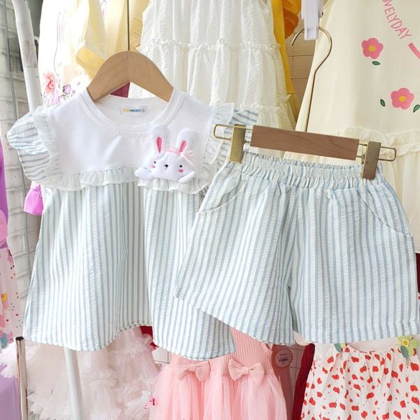  S97 _ Set bộ đùi kẻ sọc cho bé áo tay cánh tiên đính thỏ bông xinh xắn _ Beekids 