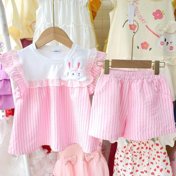  S97 _ Set bộ đùi kẻ sọc cho bé áo tay cánh tiên đính thỏ bông xinh xắn _ Beekids 