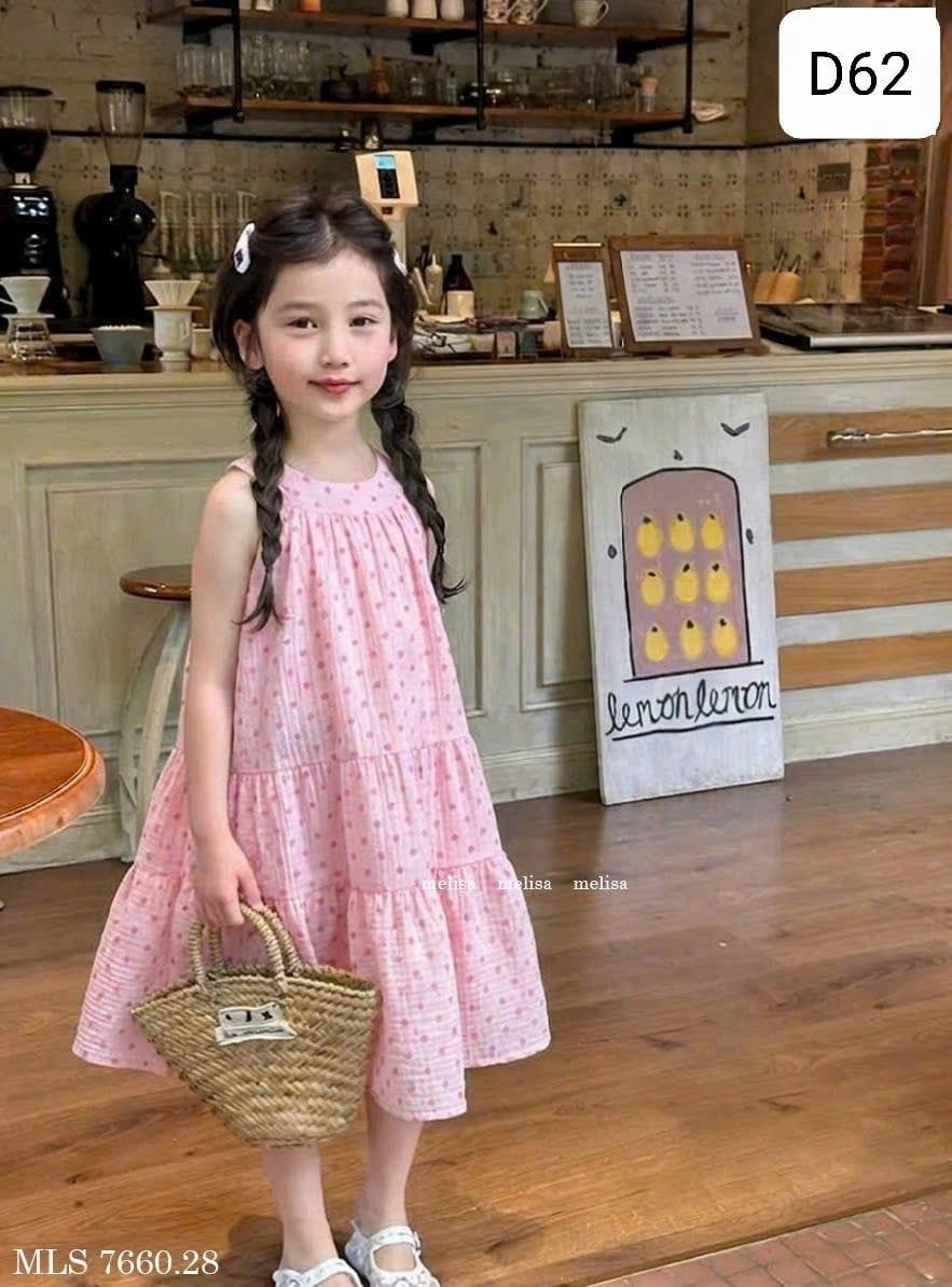  D62 _ Đầm cổ yếm cho bé dáng maxi họa tiết chấm bi hồng ngọt ngào dễ thương _ Beekids 