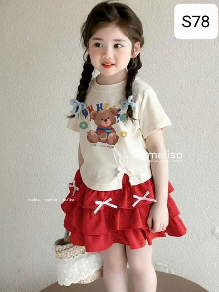  S78 _ Set áo váy bé gái áo in họa tiết gấu đính nơ xinh xắn đẹp mê ly _ Beekids 