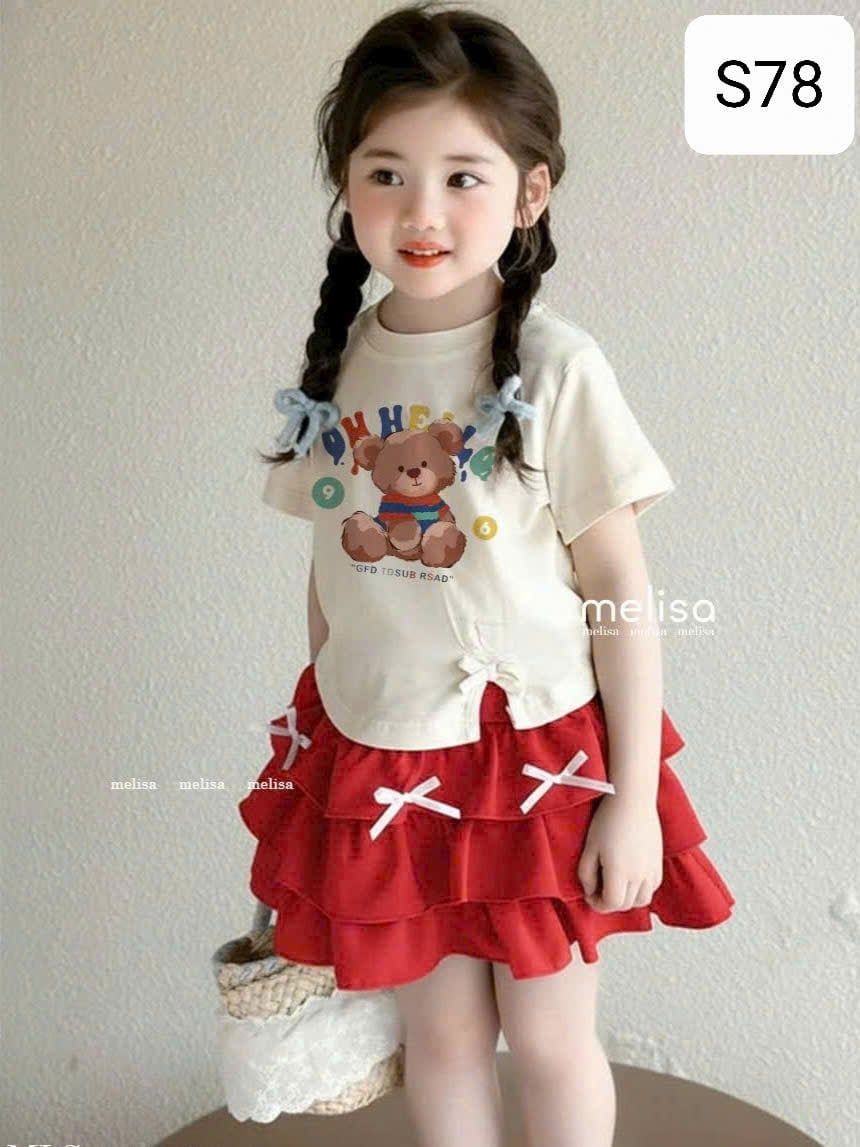  S78 _ Set áo váy bé gái áo in họa tiết gấu đính nơ xinh xắn đẹp mê ly _ Beekids 