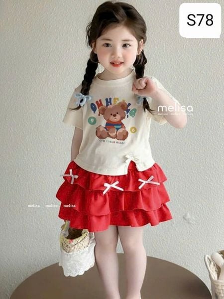  S78 _ Set áo váy bé gái áo in họa tiết gấu đính nơ xinh xắn đẹp mê ly _ Beekids 