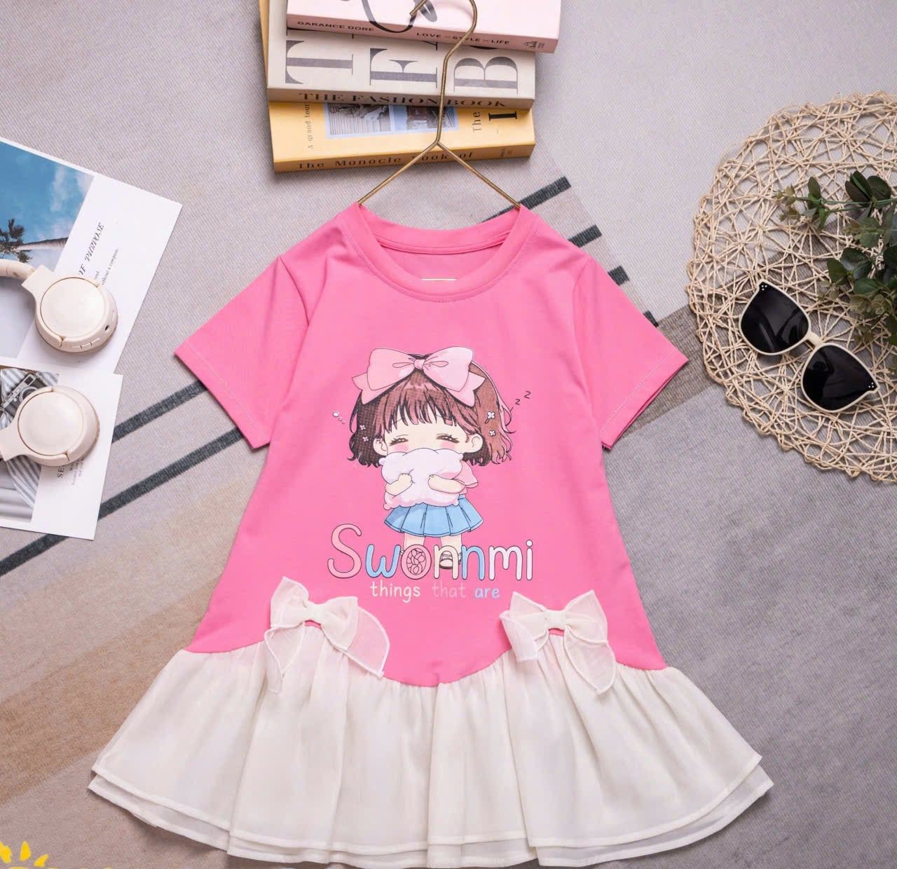  D61 _ Đầm thun bé gái lai phối voan đính 2 nơ xinh xắn _ Beekids 