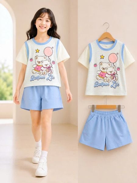  S112 _ Set đùi bé gái áo thun tay phối họa tiết gấu xinh xắn dễ thương _Beekids 