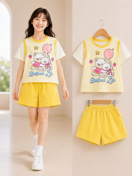  S112 _ Set đùi bé gái áo thun tay phối họa tiết gấu xinh xắn dễ thương _Beekids 