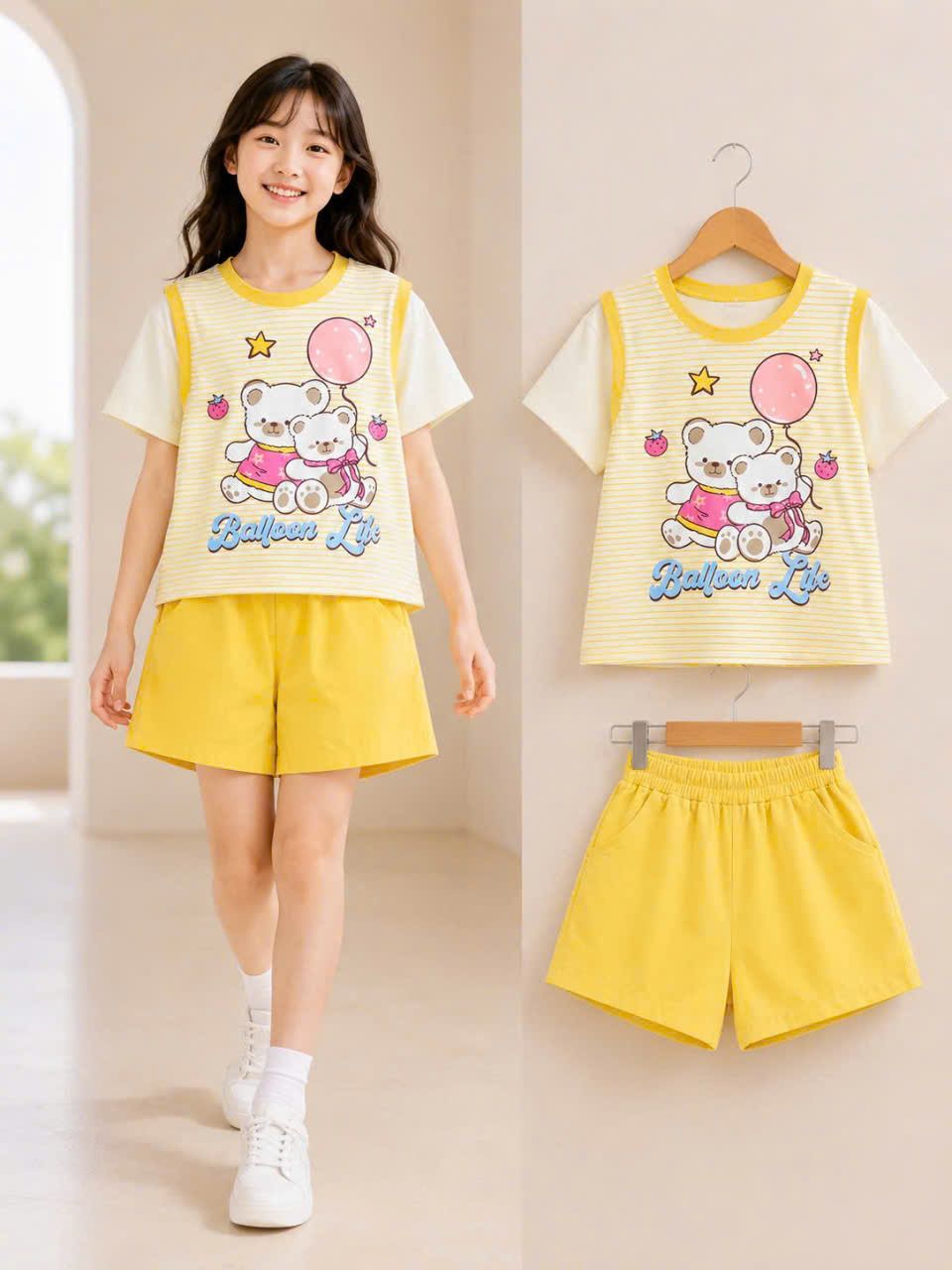  S112 _ Set đùi bé gái áo thun tay phối họa tiết gấu xinh xắn dễ thương _Beekids 