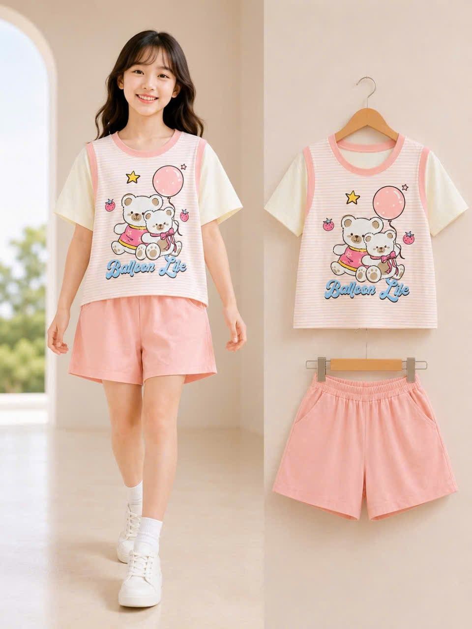  S112 _ Set đùi bé gái áo thun tay phối họa tiết gấu xinh xắn dễ thương _Beekids 
