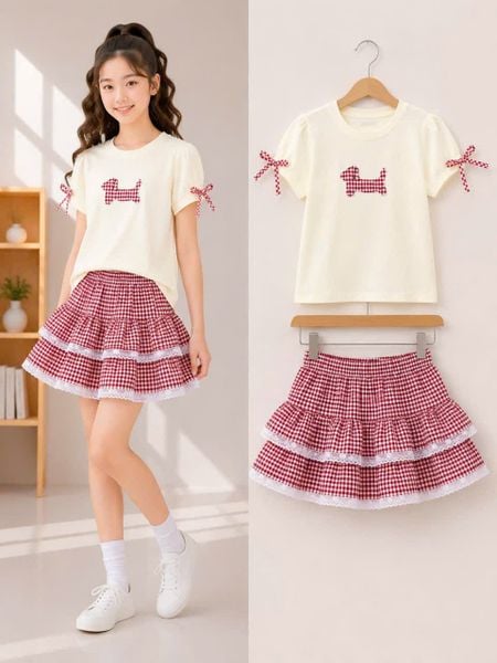  S120 _ Set áo chân váy caro đính nơ siêu dễ thương cho bé gái _ Beekids 