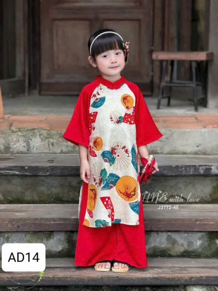  AD14 _ Bộ áo dài Tết cho bé gái tông màu đỏ đáng yêu chất lụa satin mềm mại _ Beekids 