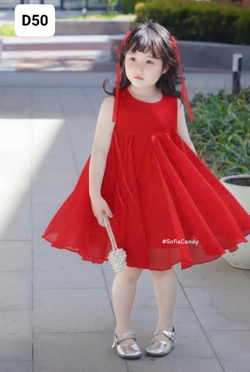  D50 _ Đầm đỏ dáng xòe đính nơ xinh cho bé mặc Noel, lễ tết _ Beekids 