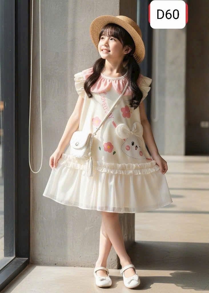  D60 _ Đầm thun bé gái phối voan mềm mại họa tiết đáng yêu _ Beekids 