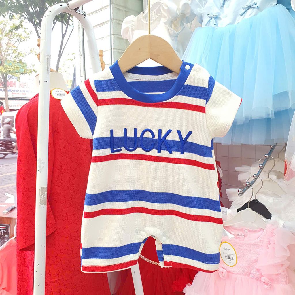  S77 _ Bộ bodysuit cho bé trai và bé gái  cotton sọc ngang thêu chữ Lucky siêu dễ thương _ Beekids 