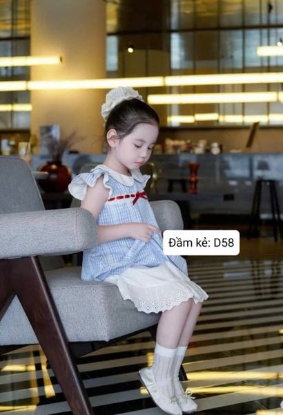  D58 _ Đầm kẻ chữ A phối ren thêu xinh xắn gam màu xanh nhẹ nhàng đáng yêu _ Beekids 