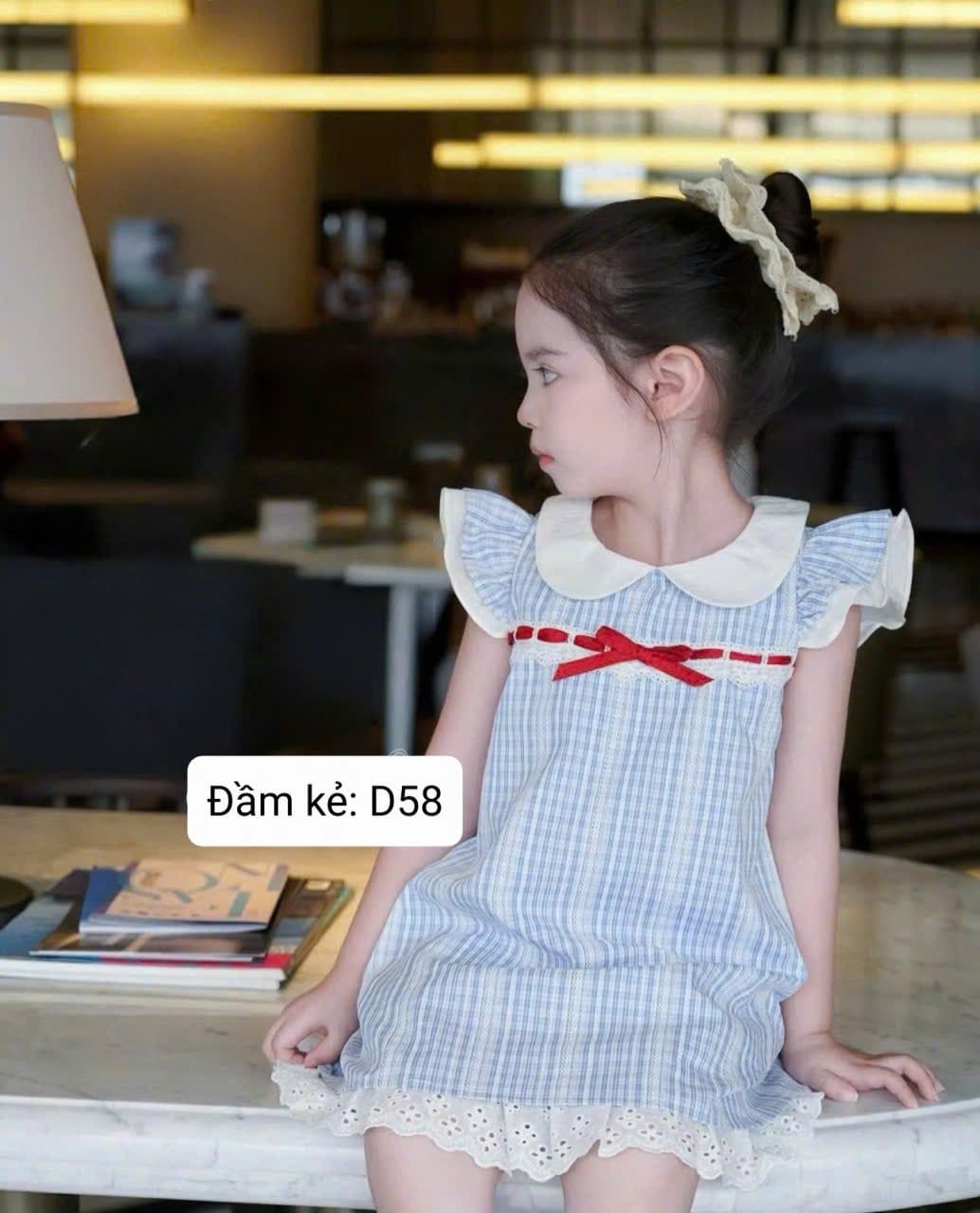  D58 _ Đầm kẻ chữ A phối ren thêu xinh xắn gam màu xanh nhẹ nhàng đáng yêu _ Beekids 