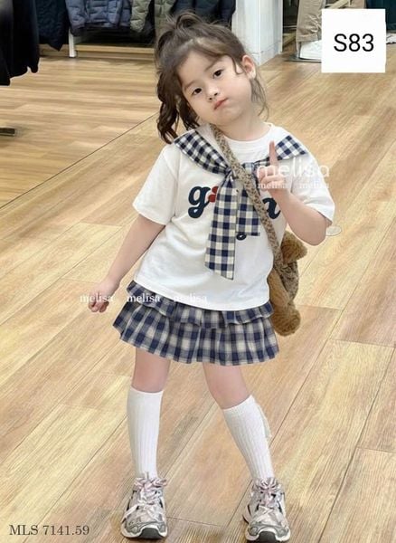  S83 _ Set áo thun có dây thắt phối chân váy kẻ nhiều tầng phong cách thời trang _ Beekids 