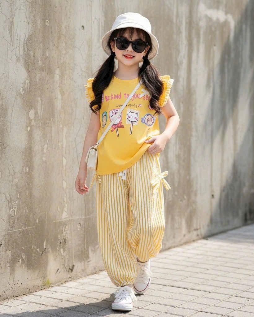  S96 _ Set bé gái quần dài sọc bo lai phối áo tay cánh tiên 2 lai duyên dáng dễ thương _ Beekids 