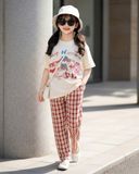  S91 _ Set bé gái quần dài ống suông caro phối áo thun họa tiết xinh xắn _ Beekids 