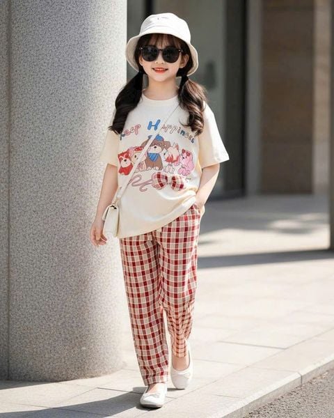  S91 _ Set bé gái quần dài ống suông caro phối áo thun họa tiết xinh xắn _ Beekids 