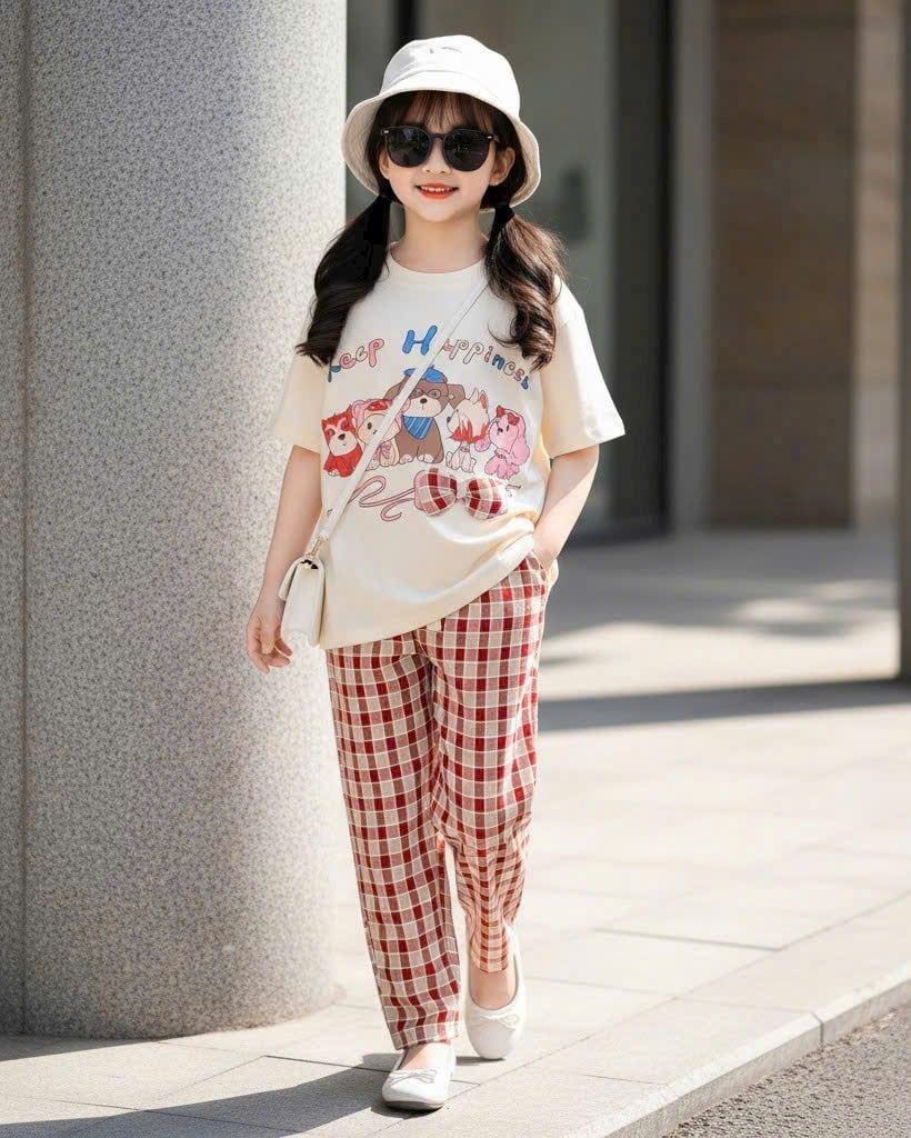  S91 _ Set bé gái quần dài ống suông caro phối áo thun họa tiết xinh xắn _ Beekids 