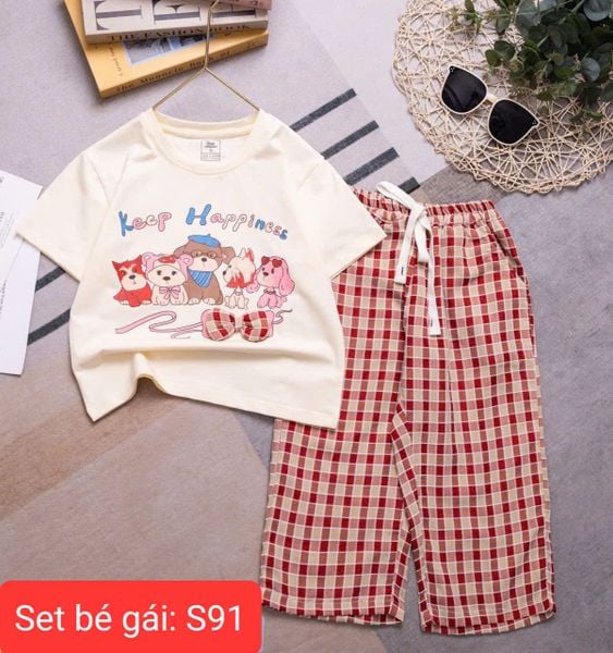  S91 _ Set bé gái quần dài ống suông caro phối áo thun họa tiết xinh xắn _ Beekids 