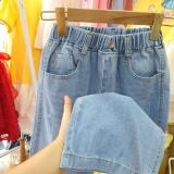  Q55 _ Quần jean dài ống suông bé gái lưng thun chất jean cotton mềm mại thoáng mát _ Beekids 