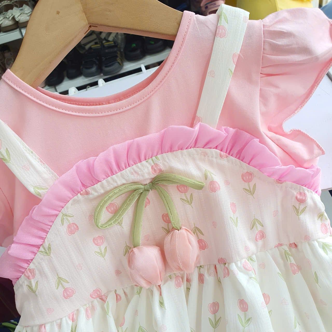  D66 _ Đầm yếm dáng bí cho bé gái từ 6 đến 36 tháng hoa tulip chất cotton mềm mát _Beekids 